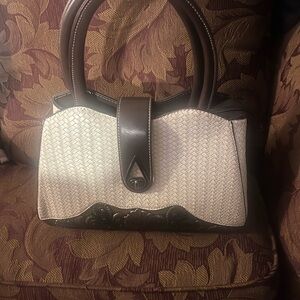 Brighton Two-Tone Woven Satchel Handbag Cream & Brown Leather Top Handle Purse